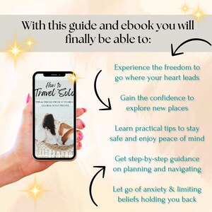 K&ouml;nnte beinhalten: Ein Smartphone zeigt das Cover eines E-Books mit dem Titel "How to Travel Solo" und dem Untertitel "Tipps & Tricks aus 10 Jahren globalem Solo-Reisen". Das E-Book-Cover zeigt eine Frau, die sich in einer H&auml;ngematte am Strand entspannt.