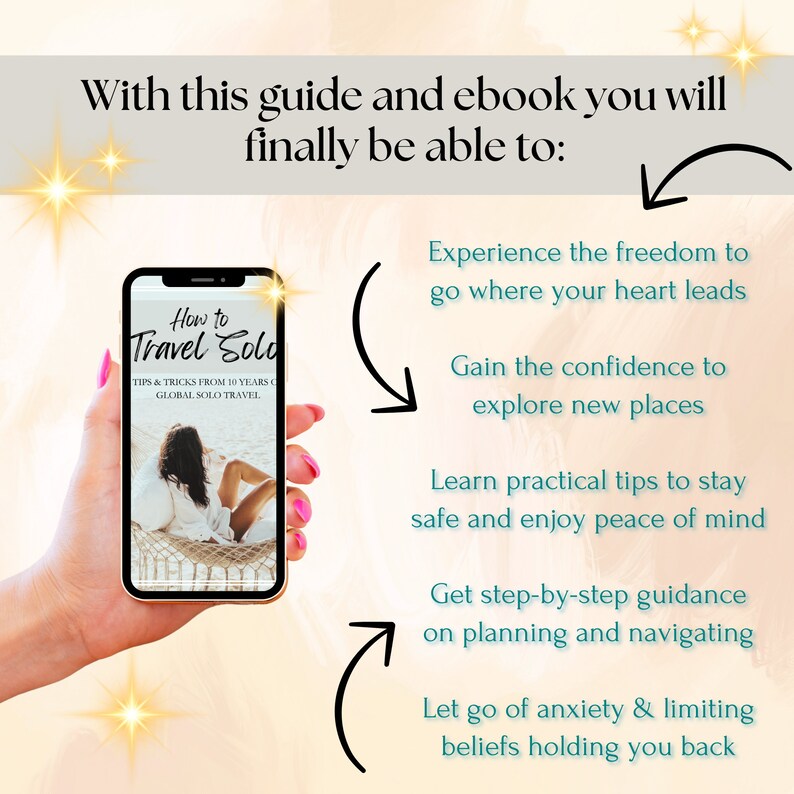 K&ouml;nnte beinhalten: Ein Smartphone zeigt das Cover eines E-Books mit dem Titel "How to Travel Solo" und dem Untertitel "Tipps & Tricks aus 10 Jahren globalem Solo-Reisen". Das E-Book-Cover zeigt eine Frau, die sich in einer H&auml;ngematte am Strand entspannt.
