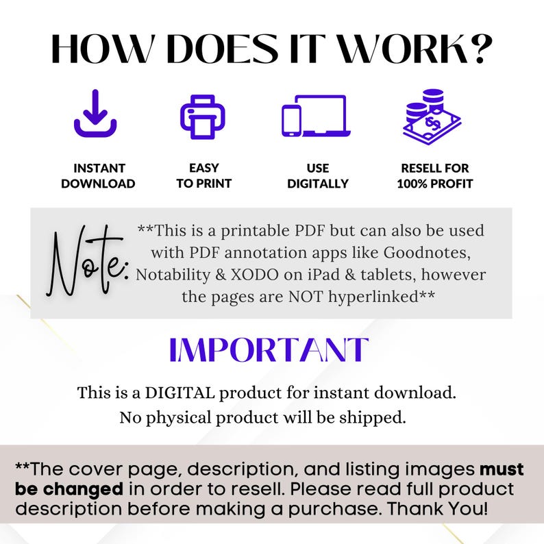 May include: A digital product for instant download. This printable PDF can be used with PDF annotation apps like Goodnotes, Notability & XODO on iPad & tablets. The pages are not hyperlinked. This is a digital product for instant download. No physical product will be shipped. The cover page, description, and listing images must be changed in order to resell. Please read full product description before making a purchase. Thank You!