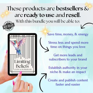 May include: A digital product guide and workbook titled "Limiting Beliefs" with a hummingbird illustration on the cover. The product is described as a bestseller and includes benefits such as saving time, money, and energy, reducing stress, and building a brand.