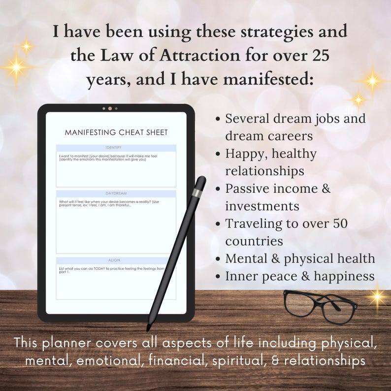 May include: A digital planner on a tablet screen with the title "Manifesting Cheat Sheet" and sections for "Identify", "Daydream", and "Align". The text on the right side of the image reads "I have been using these strategies and the Law of Attraction for over 25 years, and I have manifested: Several dream jobs and dream careers, Happy, healthy relationships, Passive income & investments, Traveling to over 50 countries, Mental & physical health, Inner peace & happiness". The text at the bottom of the image reads "This planner covers all aspects of life including physical, mental, emotional, financial, spiritual, & relationships".
