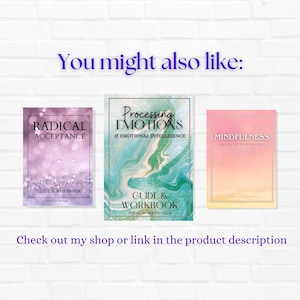 Puede incluir: Tres portadas de libros con un fondo de ladrillo blanco. Las portadas de los libros se titulan "Radical Acceptance", "Processing Emotions & Emotional Intelligence" y "Mindfulness Guide & Workbook". Cada portada de libro tiene un color y un dise&ntilde;o diferente.