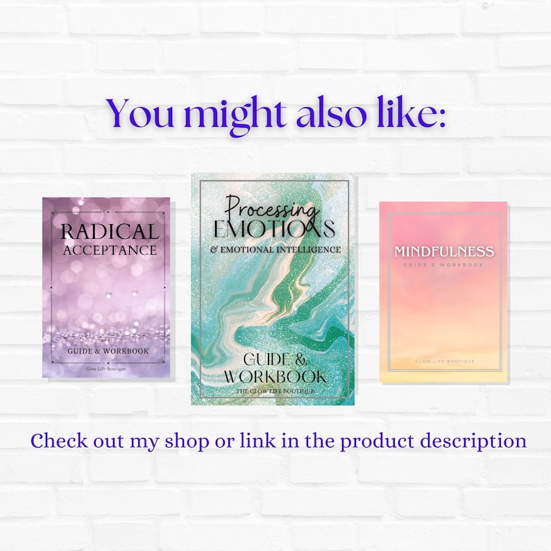 Puede incluir: Tres portadas de libros con un fondo de ladrillo blanco. Las portadas de los libros se titulan "Radical Acceptance", "Processing Emotions & Emotional Intelligence" y "Mindfulness Guide & Workbook". Cada portada de libro tiene un color y un dise&ntilde;o diferente.