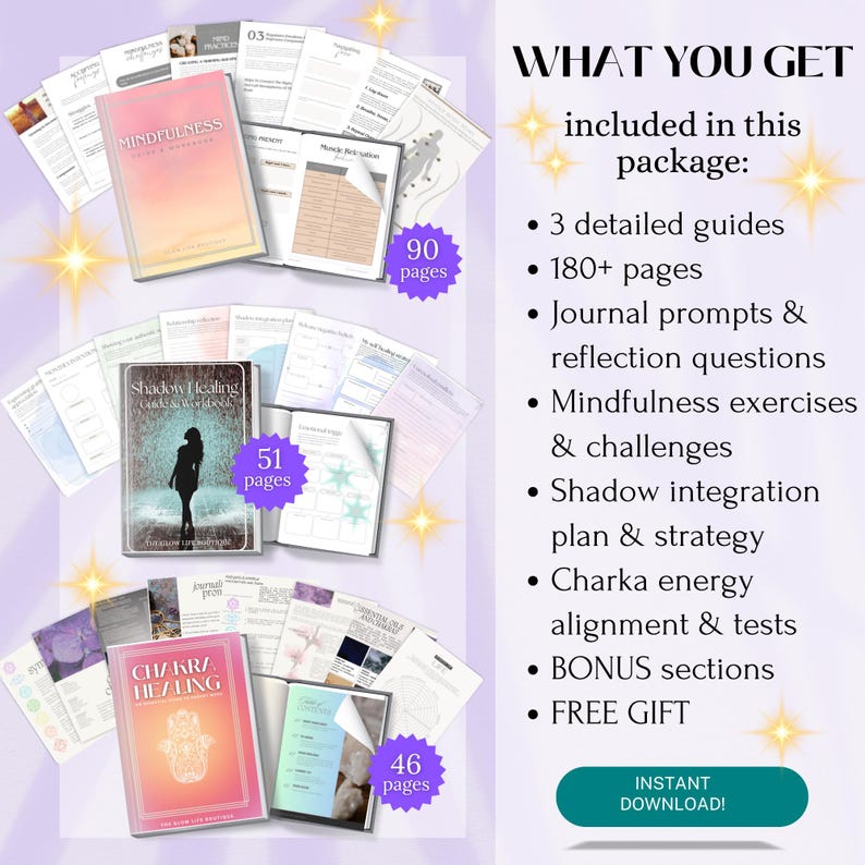 May include: A digital download package for personal growth and self-discovery. The package includes three guides, over 180 pages of content, journal prompts, mindfulness exercises, shadow work integration, chakra energy alignment tests, bonus sections, and a free gift. The guides are titled "Mindfulness", "Shadow Healing", and "Chakra Healing".