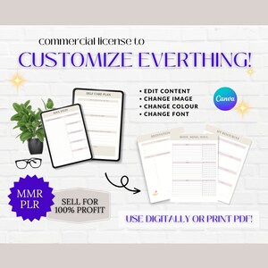 May include: A digital product mockup featuring printable planner pages with the text "SELF CARE PLAN", "SONG STUFF", "MEDITATION", "BODY, MIND, SOUL", and "MY RESOURCES". The image also includes the text "commercial license to CUSTOMIZE EVERYTHING!" and "SELL FOR 100% PROFIT".