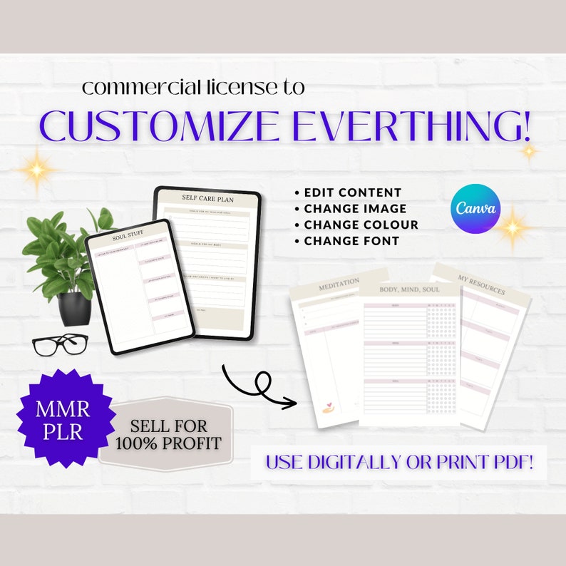 May include: A digital product mockup featuring printable planner pages with the text "SELF CARE PLAN", "SONG STUFF", "MEDITATION", "BODY, MIND, SOUL", and "MY RESOURCES". The image also includes the text "commercial license to CUSTOMIZE EVERYTHING!" and "SELL FOR 100% PROFIT".
