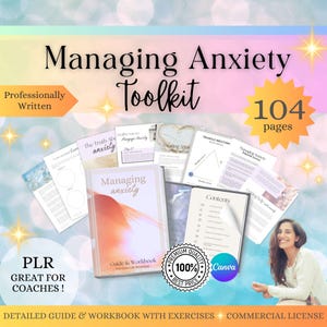 Puede incluir: Una portada de producto digital con un fondo de acuarela rosa y naranja con el texto "Managing Anxiety Toolkit" en blanco. La portada también incluye el texto "Professionally Written" y "104 pages".