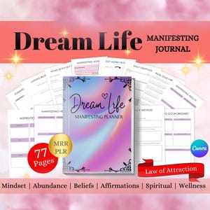 Diário de manifestação PLR, caderno de exercícios de abundância de dinheiro, caderno de exercícios de vida dos sonhos PLR, kit de manifestação, kit de abundância ilimitada, cheques de abundância