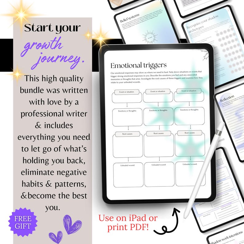Puede incluir: Un paquete digital de autoayuda con el texto "Start your growth journey". El paquete incluye hojas de trabajo sobre desencadenantes emocionales, sistemas de creencias y trabajo de sombras. Tambi&eacute;n es visible el texto "Use on iPad or print PDF!"