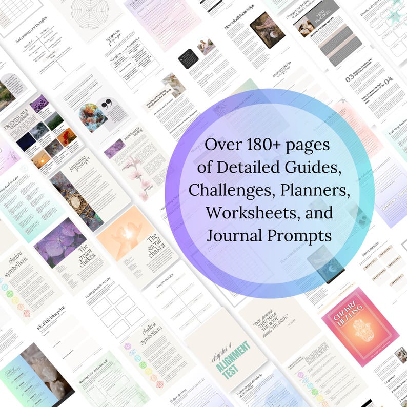 May include: A colorful digital planner with over 180 pages of guides, challenges, planners, worksheets, and journal prompts. The planner features a purple and pink circle with the text "Over 180+ pages of Detailed Guides, Challenges, Planners, Worksheets, and Journal Prompts".