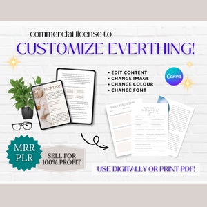 May include: A digital product mockup with a white background. The image shows three printable journal pages with the text "PURIFICATION", "DAILY REFLECTION", and "MONTHLY REFLECTION JOURNAL". The image also includes a text overlay that says "commercial license to CUSTOMIZE EVERYTHING!" and "MRR PLR SELL FOR 100% PROFIT". The image also includes a text overlay that says "USE DIGITALLY OR PRINT PDF!" and a Canva logo.