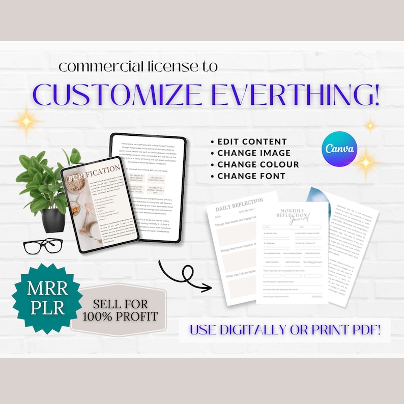 May include: A digital product mockup with a white background. The image shows three printable journal pages with the text "PURIFICATION", "DAILY REFLECTION", and "MONTHLY REFLECTION JOURNAL". The image also includes a text overlay that says "commercial license to CUSTOMIZE EVERYTHING!" and "MRR PLR SELL FOR 100% PROFIT". The image also includes a text overlay that says "USE DIGITALLY OR PRINT PDF!" and a Canva logo.
