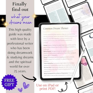 Peut inclure: Une tablette num&eacute;rique affichant un guide sur les th&egrave;mes de r&ecirc;ves courants. Le guide est intitul&eacute; "Th&egrave;mes de r&ecirc;ves courants" et pr&eacute;sente un fond rose et blanc avec du texte en noir. La tablette est sur une surface blanche avec un stylet &agrave; c&ocirc;t&eacute;. Le texte sur la tablette comprend "Tomber", "&Ecirc;tre poursuivi", "Voler", "Perte de dents", "&Ecirc;tre en retard", "&Ecirc;tre mal pr&eacute;par&eacute; pour un examen ou une pr&eacute;sentation".