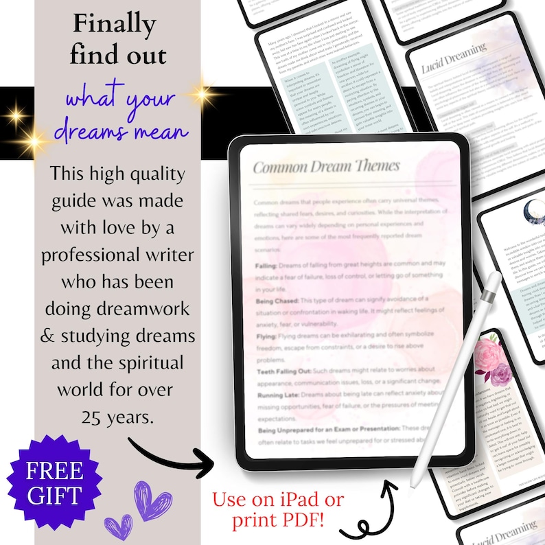 Peut inclure: Une tablette num&eacute;rique affichant un guide sur les th&egrave;mes de r&ecirc;ves courants. Le guide est intitul&eacute; "Th&egrave;mes de r&ecirc;ves courants" et pr&eacute;sente un fond rose et blanc avec du texte en noir. La tablette est sur une surface blanche avec un stylet &agrave; c&ocirc;t&eacute;. Le texte sur la tablette comprend "Tomber", "&Ecirc;tre poursuivi", "Voler", "Perte de dents", "&Ecirc;tre en retard", "&Ecirc;tre mal pr&eacute;par&eacute; pour un examen ou une pr&eacute;sentation".