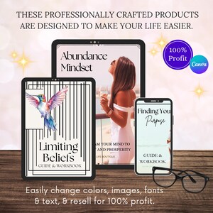 May include: Three digital products for sale, each with a black and white striped background. The first product is titled "Abundance Mindset", the second is titled "Limiting Beliefs Guide & Workbook" and features a hummingbird, and the third is titled "Finding Your Purpose Guide & Workbook".