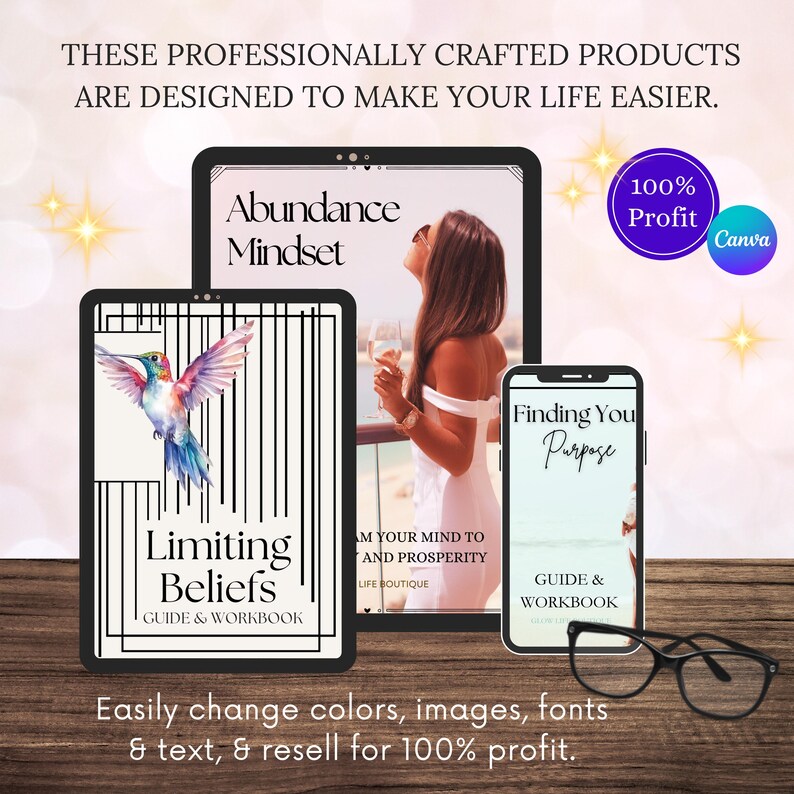 May include: Three digital products for sale, each with a black and white striped background. The first product is titled "Abundance Mindset", the second is titled "Limiting Beliefs Guide & Workbook" and features a hummingbird, and the third is titled "Finding Your Purpose Guide & Workbook".