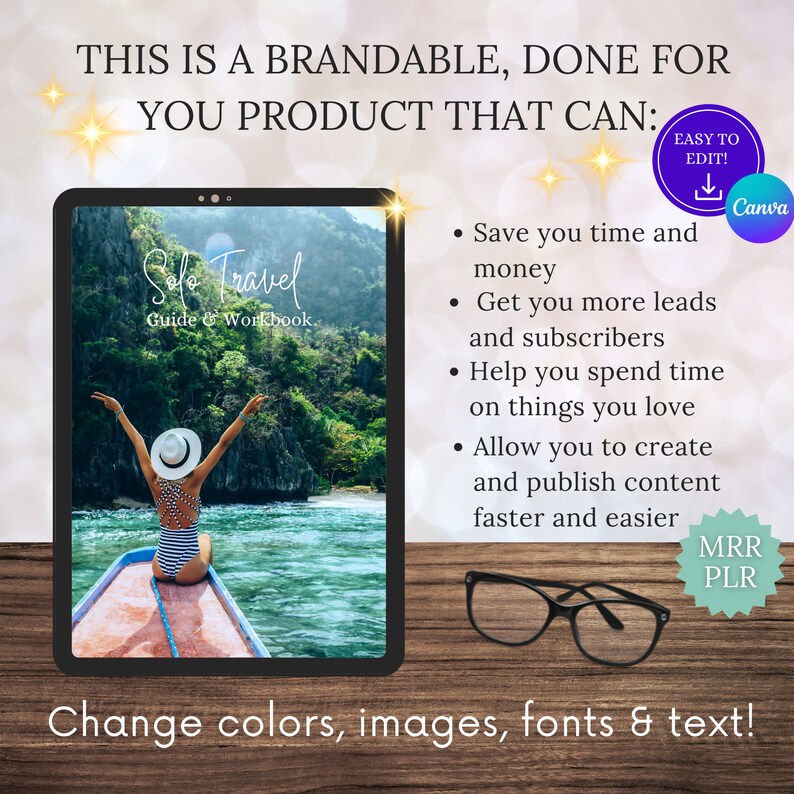 K&ouml;nnte beinhalten: Ein digitales Produkt-Mockup auf einem Tablet-Bildschirm, das einen Leitfaden und ein Arbeitsbuch mit dem Titel "Solo Travel" zeigt. Das Bild ist von funkelnden Sternen umgeben und ein Text-Overlay lautet: "Dies ist ein markenf&auml;higes, gebrauchsfertiges Produkt, das Folgendes kann: Zeit und Geld sparen, mehr Leads und Abonnenten gewinnen, Ihnen helfen, Zeit f&uuml;r Dinge zu verbringen, die Sie lieben, Ihnen erm&ouml;glichen, Inhalte schneller und einfacher zu erstellen und zu ver&ouml;ffentlichen".