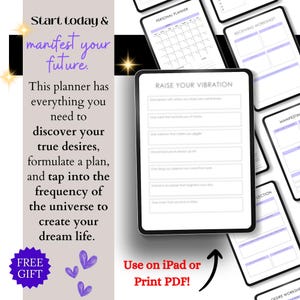 May include: A digital planner with the text "Raise Your Vibration" on the screen. The planner is open to a page with a list of prompts for self-reflection. The planner is on a white surface with other planner pages visible in the background.