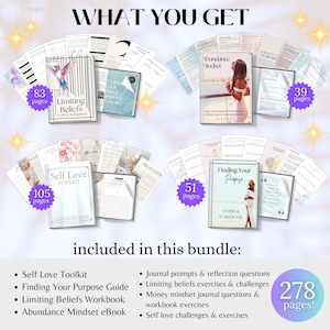 May include: A digital bundle of self-help resources, including a self-love toolkit, a guide to finding your purpose, a workbook on limiting beliefs, and an ebook on abundance mindset. The bundle includes 278 pages of content.