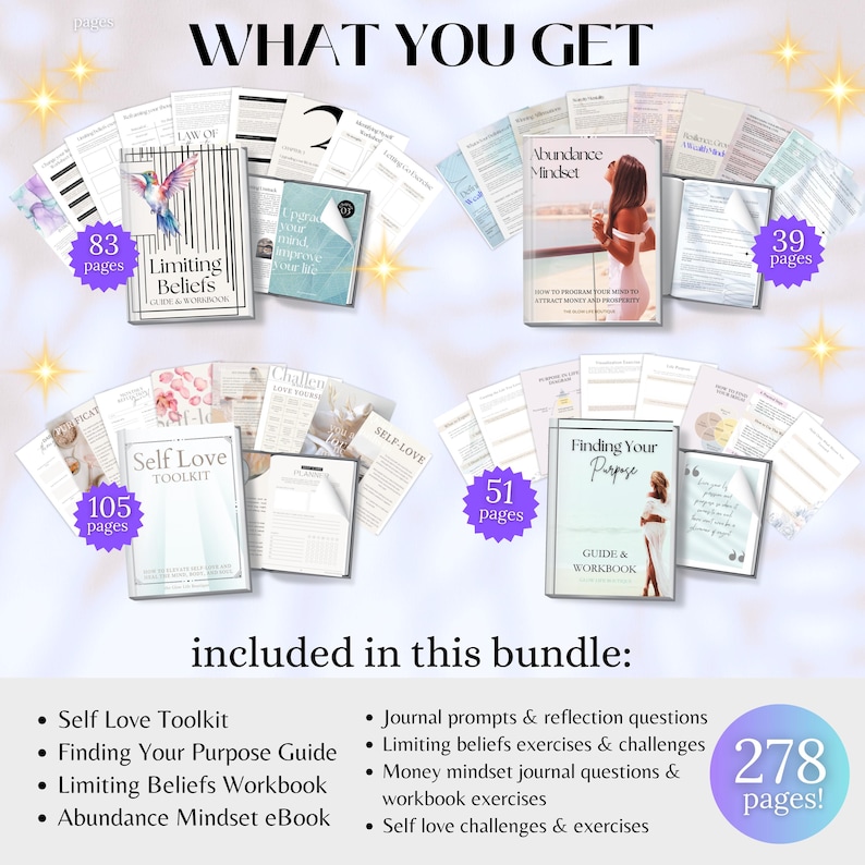 May include: A digital bundle of self-help resources, including a self-love toolkit, a guide to finding your purpose, a workbook on limiting beliefs, and an ebook on abundance mindset. The bundle includes 278 pages of content.