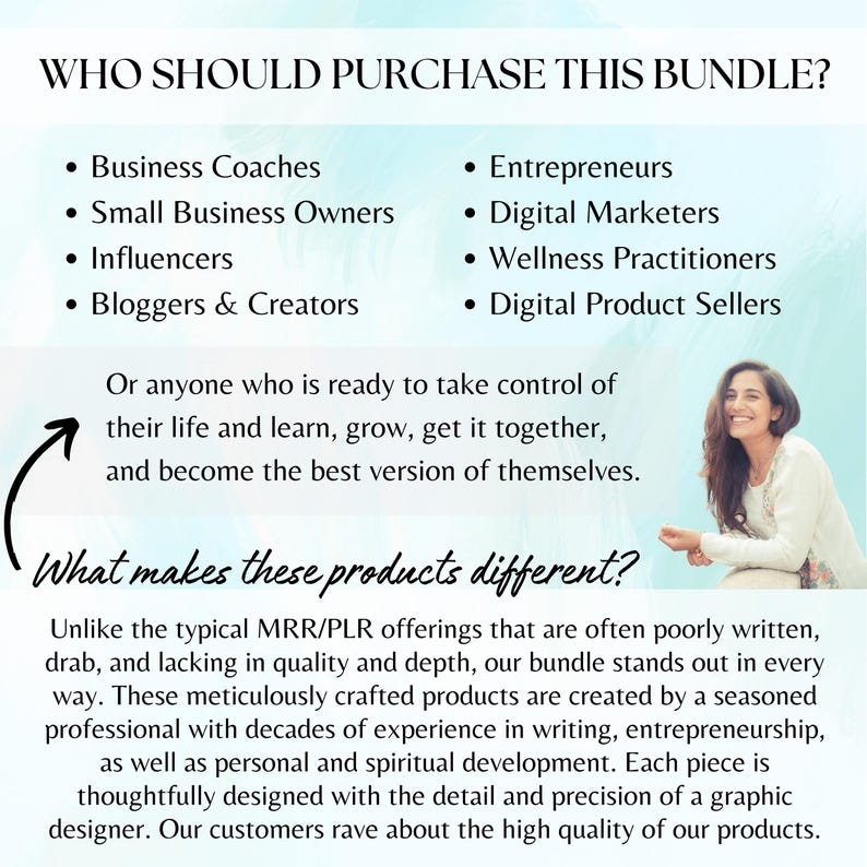 May include: A graphic with the text "Who should purchase this bundle?" and lists of different types of people who might be interested in the bundle. The text "What makes these products different?" is also included, along with a description of the products as being high quality and created by a seasoned professional.