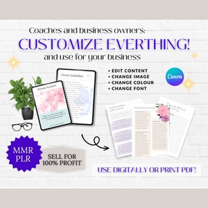 Peut inclure: Une maquette de produit num&eacute;rique avec le texte "Personnaliser tout !" et "Utiliser num&eacute;riquement ou imprimer en PDF !" La maquette montre un planificateur num&eacute;rique violet et blanc avec le texte "Bonus Section" et "Symbolisme des r&ecirc;ves". L'image comprend &eacute;galement une &eacute;toile violette avec le texte "MMR PLR" et "Vendre pour 100 % de profit".