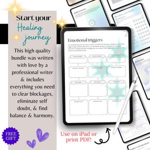 May include: A digital tablet displaying a worksheet titled "Emotional Triggers" with a light blue star graphic. The worksheet is part of a bundle titled "Start your Healing Journey" and includes worksheets for recognizing shadow archetypes, belief systems, and reflection. The text "Use on iPad or print PDF!" is also visible.