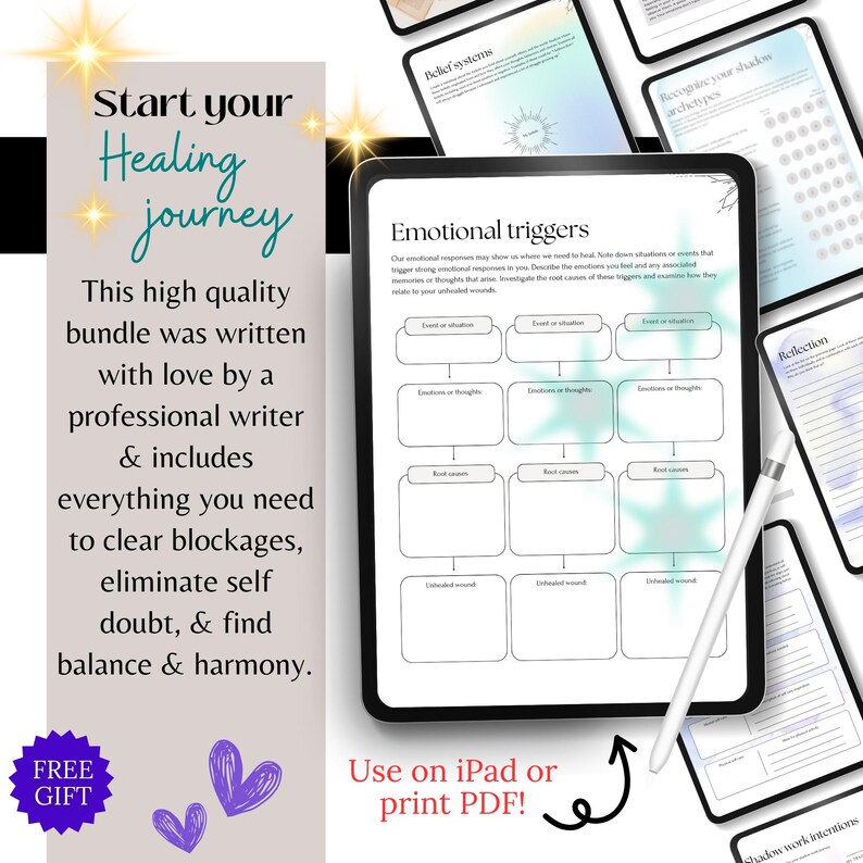 May include: A digital tablet displaying a worksheet titled "Emotional Triggers" with a light blue star graphic. The worksheet is part of a bundle titled "Start your Healing Journey" and includes worksheets for recognizing shadow archetypes, belief systems, and reflection. The text "Use on iPad or print PDF!" is also visible.