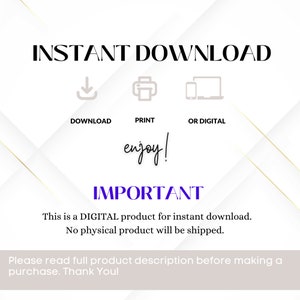 Peut inclure: Un graphique de t&eacute;l&eacute;chargement num&eacute;rique avec le texte "INSTANT DOWNLOAD" en noir. Sous le texte, trois ic&ocirc;nes&nbsp;: une fl&egrave;che de t&eacute;l&eacute;chargement, une imprimante et un t&eacute;l&eacute;phone avec un &eacute;cran d&rsquo;ordinateur portable. Le texte "DOWNLOAD", "PRINT" et "OR DIGITAL" se trouve sous les ic&ocirc;nes. Le texte "enjoy!" est en &eacute;criture cursive violette. Le texte "IMPORTANT" est en bleu. Sous le texte, on peut lire&nbsp;: "Ceci est un produit NUM&Eacute;RIQUE &agrave; t&eacute;l&eacute;charger instantan&eacute;ment. Aucun produit physique ne sera exp&eacute;di&eacute;. Veuillez lire la description compl&egrave;te du produit avant de faire un achat. Merci&nbsp;!"