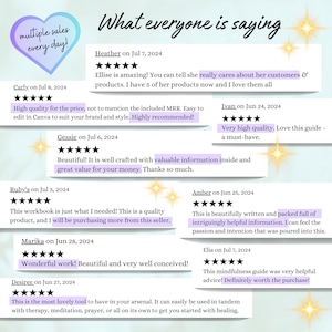 May include: A collage of customer reviews for a digital product. The reviews are positive and highlight the quality, value, and helpfulness of the product. The reviews are from customers who purchased the product on different dates in June and July.