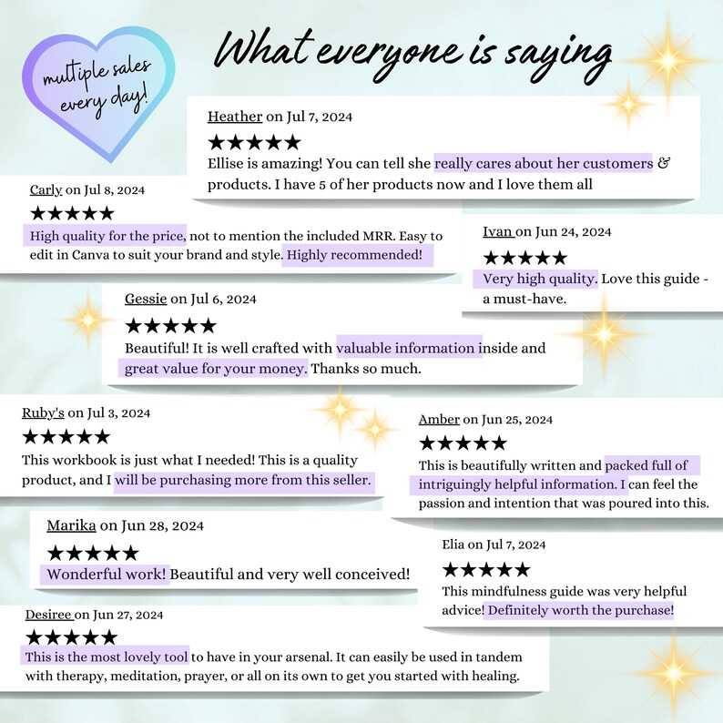 May include: A collage of customer reviews for a digital product. The reviews are positive and highlight the quality, value, and helpfulness of the product. The reviews are from customers who purchased the product on different dates in June and July.