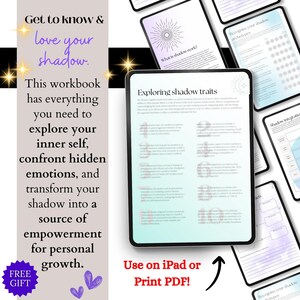 Puede incluir: Un libro de trabajo digital con un esquema de color rosa y azul, titulado "Get to know & love your shadow." El libro de trabajo est&aacute; dise&ntilde;ado para ayudar a los usuarios a explorar su yo interior, confrontar emociones ocultas y transformar su sombra en una fuente de empoderamiento. El texto "Use on iPad or Print PDF!" tambi&eacute;n es visible.