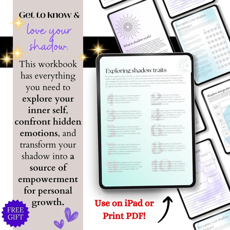 Puede incluir: Un libro de trabajo digital con un esquema de color rosa y azul, titulado "Get to know & love your shadow." El libro de trabajo est&aacute; dise&ntilde;ado para ayudar a los usuarios a explorar su yo interior, confrontar emociones ocultas y transformar su sombra en una fuente de empoderamiento. El texto "Use on iPad or Print PDF!" tambi&eacute;n es visible.