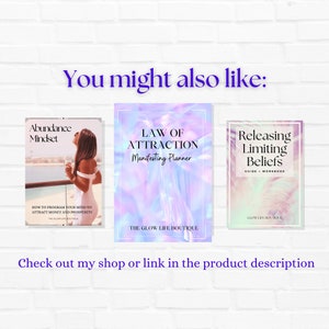 May include: Three digital product covers with a white background. The covers are for digital products related to personal growth and self-improvement. The first cover is for "Abundance Mindset" and features a woman in a white dress standing on a balcony overlooking the ocean. The second cover is for "Law of Attraction Manifesting Planner" and features a holographic background with pink, blue, and purple colors. The third cover is for "Releasing Limiting Beliefs Guide & Workbook" and features a pink and white background with a floral design.