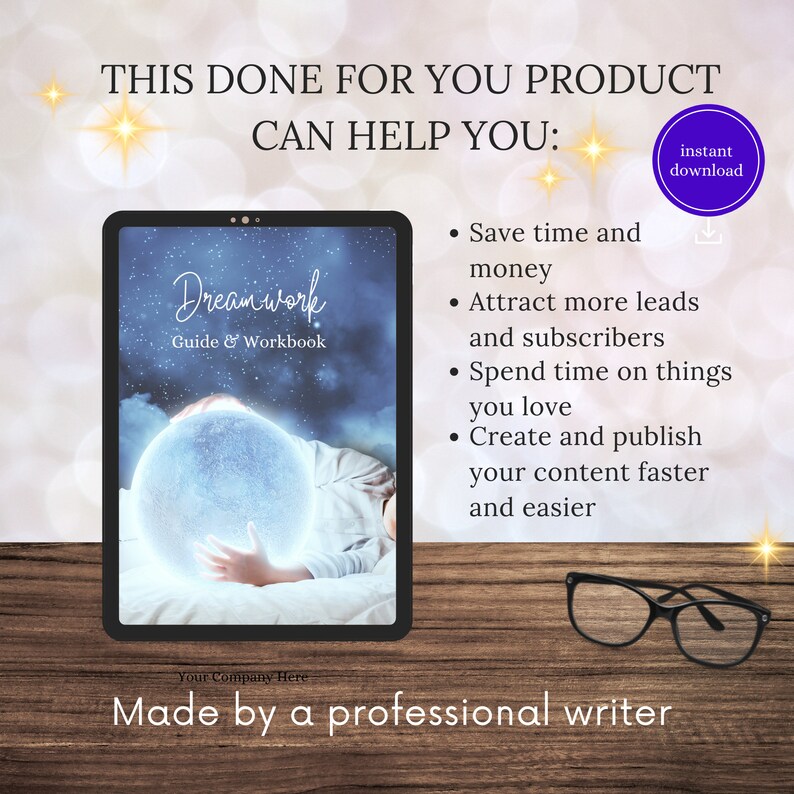 Peut inclure: Une couverture de produit num&eacute;rique avec un fond bleu et blanc repr&eacute;sentant une main tenant un orbe lumineux. Le texte "Dreamwork Guide & Workbook" est affich&eacute; sur la couverture. Le texte "Ce produit fait pour vous peut vous aider" est affich&eacute; au-dessus de la couverture. Une liste d'avantages est affich&eacute;e &agrave; droite de la couverture, notamment "Gagner du temps et de l'argent", "Attirer plus de prospects et d'abonn&eacute;s", "Passer du temps sur les choses que vous aimez" et "Cr&eacute;er et publier votre contenu plus rapidement et plus facilement".