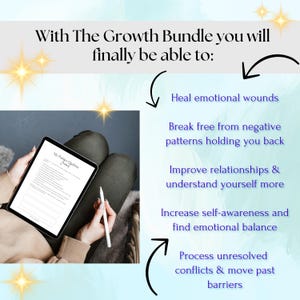 Puede incluir: Una persona sostiene una tableta digital que muestra un documento titulado "My Positive Qualities". La imagen incluye texto: "Con The Growth Bundle podr&aacute;s finalmente: Sanar heridas emocionales..." y otros objetivos de superaci&oacute;n personal.