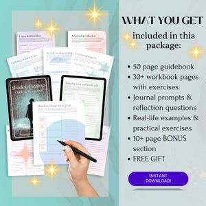 Puede incluir: Un producto digital para el trabajo de la sombra y la sanaci&oacute;n. La imagen muestra una gu&iacute;a digital y un cuaderno de trabajo con p&aacute;ginas para el diario, la reflexi&oacute;n y los ejercicios. El texto de la portada dice "Shadow Healing Guide & Workbook".