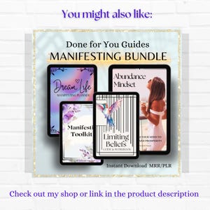 Puede incluir: Imagen de producto digital que presenta un "Paquete de Manifestaci&oacute;n" con gu&iacute;as sobre Dream Life, Abundance Mindset, Manifesting Toolkit y Creencias Limitantes. La imagen incluye el texto "Descarga instant&aacute;nea MRR/PLR" y "Check out my shop or link in the product description."