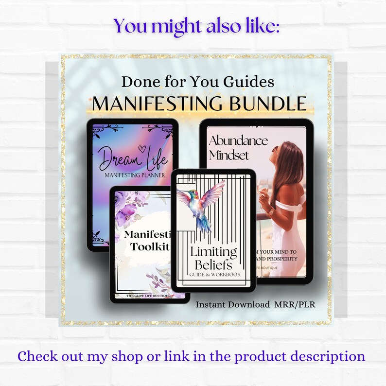 Puede incluir: Imagen de producto digital que presenta un "Paquete de Manifestaci&oacute;n" con gu&iacute;as sobre Dream Life, Abundance Mindset, Manifesting Toolkit y Creencias Limitantes. La imagen incluye el texto "Descarga instant&aacute;nea MRR/PLR" y "Check out my shop or link in the product description."