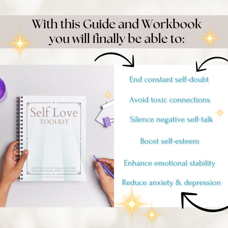 May include: A white and blue self-love toolkit workbook with the title "Self Love Toolkit" and the text "How to elevate self-love and heal the mind, body, and soul." The Glow Life Boutique is listed as the author. The workbook is open to a blank page. A hand is holding a blue pen and is about to write in the workbook. The image also includes a list of benefits of using the workbook, including "End constant self-doubt", "Avoid toxic connections", "Silence negative self-talk", "Boost self-esteem", "Enhance emotional stability", and "Reduce anxiety & depression".