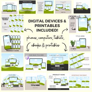 May include: A collection of digital device mockups with a green and blue landscape background. The mockups include phones, computers, tablets, and ebooks. The text "DIGITAL DEVICES & PRINTABLES INCLUDED!" is displayed in a large font. The text "phones, computers, tablets, ebooks & printables" is displayed in a smaller font.