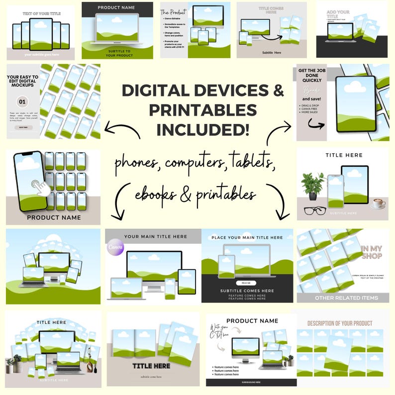 May include: A collection of digital device mockups with a green and blue landscape background. The mockups include phones, computers, tablets, and ebooks. The text "DIGITAL DEVICES & PRINTABLES INCLUDED!" is displayed in a large font. The text "phones, computers, tablets, ebooks & printables" is displayed in a smaller font.