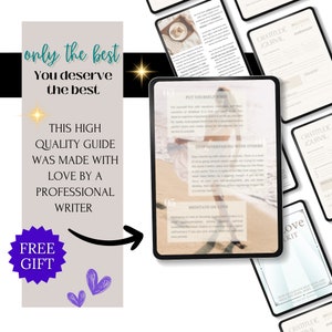 May include: A digital tablet displaying a guide with tips on how to put yourself first, stop interfering with others, and meditate on love. The guide is on a beach background with the text "Gratitude Journal" on the top of the screen.