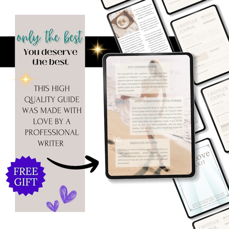May include: A digital tablet displaying a guide with tips on how to put yourself first, stop interfering with others, and meditate on love. The guide is on a beach background with the text "Gratitude Journal" on the top of the screen.