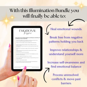 Puede incluir: Una tableta digital muestra el texto "EMOTIONAL TRIGGERS" y vi&ntilde;etas sobre el procesamiento emocional. La imagen es parte del "Illumination Bundle" y promete ayudar a los usuarios a sanar heridas emocionales y aumentar la autoconciencia.