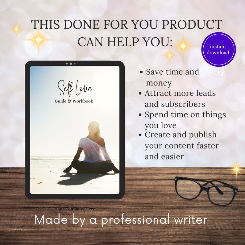May include: A digital product cover with a woman meditating on a beach. The cover is for a self-love guide and workbook. The text on the cover reads "Self Love Guide & Workbook".