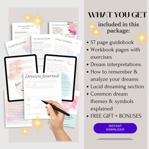 Peut inclure: Un guide num&eacute;rique t&eacute;l&eacute;chargeable pour la tenue d'un journal de r&ecirc;ves avec un fond aquarelle rose et bleu. Le guide comprend 57 pages, des pages de travail avec des exercices, des interpr&eacute;tations de r&ecirc;ves, comment se souvenir et analyser ses r&ecirc;ves, une section sur les r&ecirc;ves lucides, des th&egrave;mes et symboles de r&ecirc;ves courants expliqu&eacute;s, ainsi qu'un cadeau gratuit et des bonus. Le texte "Dream Journal" est visible sur la couverture du guide.