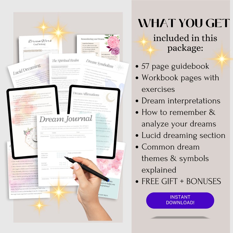 Peut inclure: Un guide num&eacute;rique t&eacute;l&eacute;chargeable pour la tenue d'un journal de r&ecirc;ves avec un fond aquarelle rose et bleu. Le guide comprend 57 pages, des pages de travail avec des exercices, des interpr&eacute;tations de r&ecirc;ves, comment se souvenir et analyser ses r&ecirc;ves, une section sur les r&ecirc;ves lucides, des th&egrave;mes et symboles de r&ecirc;ves courants expliqu&eacute;s, ainsi qu'un cadeau gratuit et des bonus. Le texte "Dream Journal" est visible sur la couverture du guide.