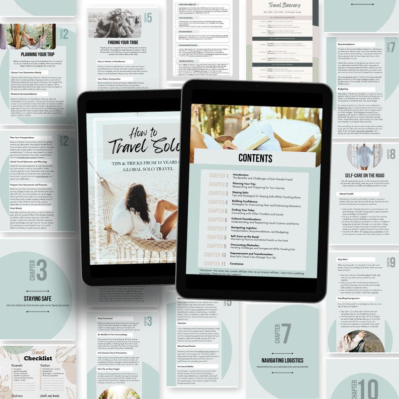K&ouml;nnte beinhalten: Ein digitales Reisehandbuch mit dem Titel "Wie man alleine reist" und dem Untertitel "Tipps & Tricks aus 10 Jahren Weltreisen im Alleingang". Das Handbuch ist in Kapitel unterteilt, darunter "Reiseplanung", "Deine Tribe finden", "Sicher bleiben", "Selbstf&uuml;rsorge unterwegs" und "Logistik meistern".