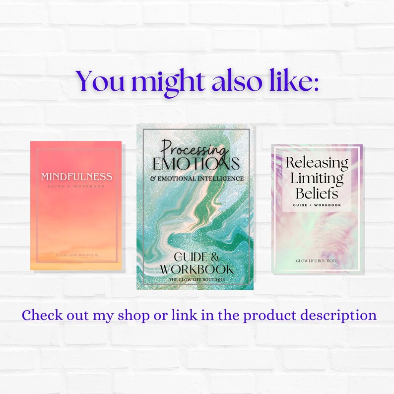 May include: Three colorful guide and workbook books with marbleized covers. The titles are "Mindfulness", "Processing Emotions & Emotional Intelligence", and "Releasing Limiting Beliefs".